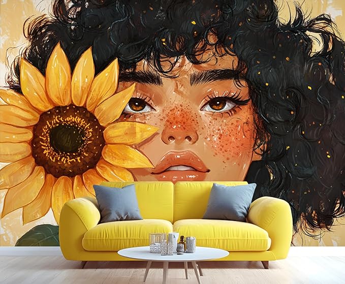 Sunflower Woman Art Wall Mural, Curly Hair Girl with Sunflower 3d Wall Murals, Modern Portrait and Flower Wallpaper Mural, for Living Room Bedroom Large Wallpaper Indoor Decor 118"W x 82.6 "H