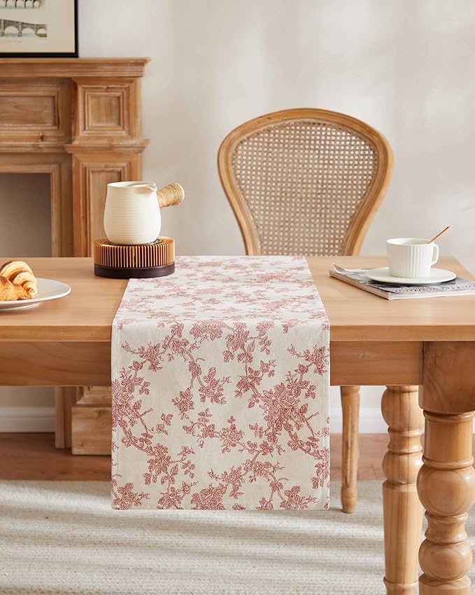 100% Cotton French Pastoral Table Runners, 13x90 Inch red Farmhouse Table Runners 90 Inches Long, Vintage Flowers Print Home Decors
