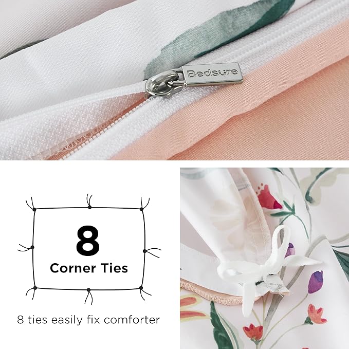 Bedsure Duvet Cover Queen Size - Reversible Floral Duvet Cover Set with Zipper Closure, 3 Pieces Pale Blush Bedding Set with 8 Corner Ties and 2 Pillow Shams 20"x26"