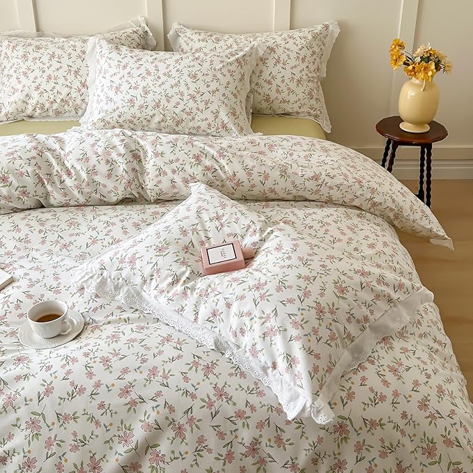 Girls Floral Ruffle Bedding Pink Flower Duvet Cover Queen Romantic Princess Lace Comforter Cover Cotton Boho Floral Duvet Cover Cute Botanical Flower Comforter Cover Ruffled Cottagecore Bedding Set