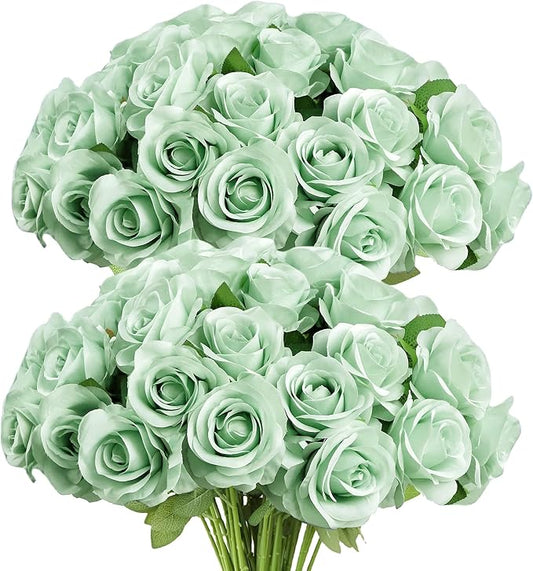 Artificial Rose Flower Artificial Flowers Flower with Long Stem Silk Roses Bouquet for Wedding Bridal Shower Party Home Decoration (Sage Green, 50 Pcs)
