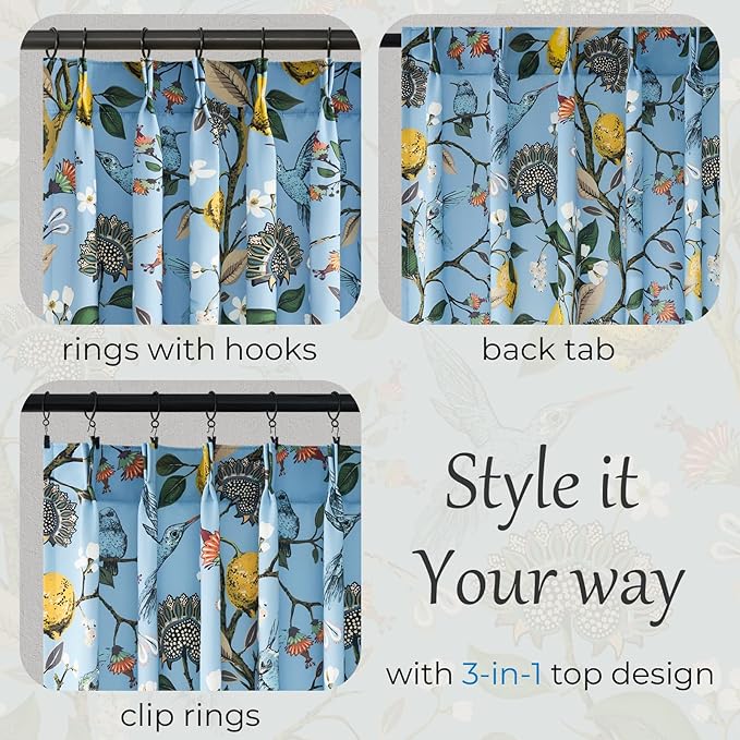 Vintage Floral Curtains 90 Inches Long for Living Room Bedroom Luxury Whimsical Lemon Hummingbird Patterned Waverly Mid Century Colorful Pinch Pleated Blackout Drapes 2 Panels，Light Blue