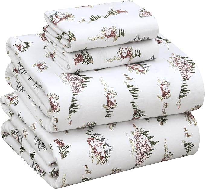 RUVANTI Flannel Sheets California King Size - 100% Cotton Brushed Cal King Bed Sheets Set - Deep Pockets 14 Inches - All Seasons Breathable & Extra Soft - Warm & Cozy, 4 Piece, Hilly Huts