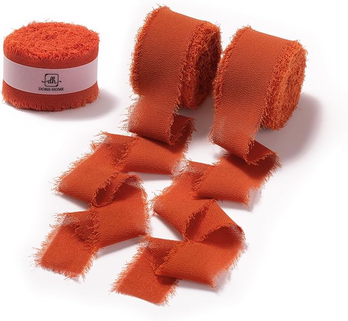 DORIS HOME Burnt Orange Chiffon Ribbon for Flower Bouquet, 1" x21Yd Fabric Ribbon for Gift Wrapping, Handmade Frayed Ribbon for Wedding Invitations/Christmas Decorations