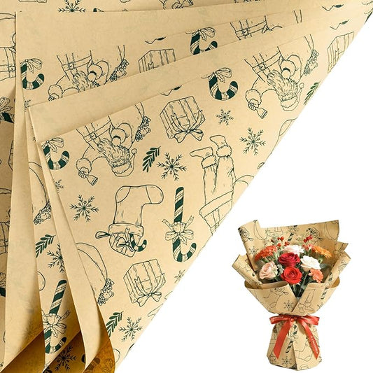 LeZakaa 20 Sheets Kraft Christmas Flower Wrapping Paper, Green Santa Sketch on Kraft Floral Bouquet Paper Gift Wrap for Christmas, Winter Holiday Party Packaging