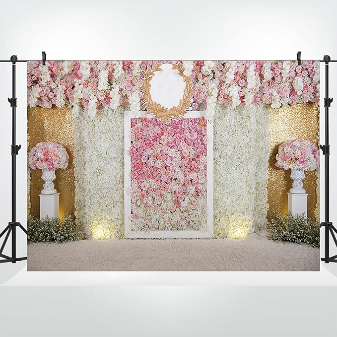 10x8ft Pink Flower Wall Photography Backdrop Proposal Ceremony Wedding Floral Photography Background Women Girl Birthday Party Bridal Shower Decor Banner Photo Booth Props