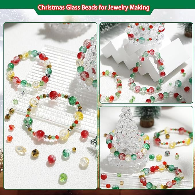1000pcs Christmas Glass Beads for Jewelry Making Assorted Crystal Beads for DIY Crafts Bracelets Necklaces Earrings and Christmas Decorations Ornament Kits（Red Green Gold）