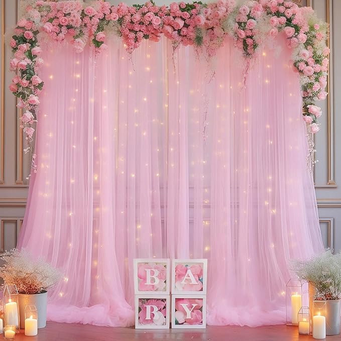 10x10ft Pink Tulle Backdrop Curtain with Lights String for Parites, Sheer Backdrop Curtains for Baby Shower Wedding Birthday Party Photo Shoot Decorations