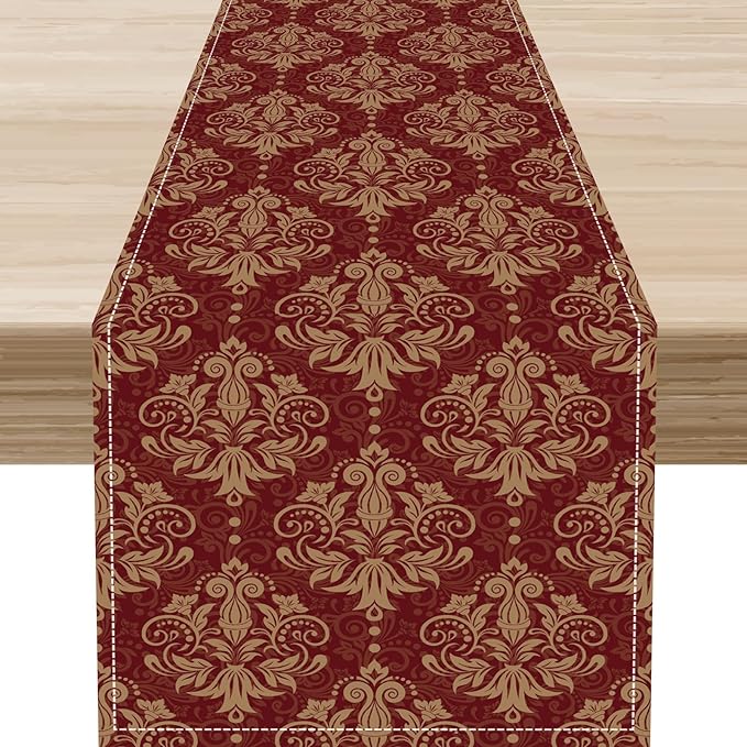 Red Damask Table Runner, Rustic Antique Victorian Style Coffee Table Center Decor for Home Kitchen Dining Patio Holiday Party Indoor Outdoor Table Decorations 13x90 inch