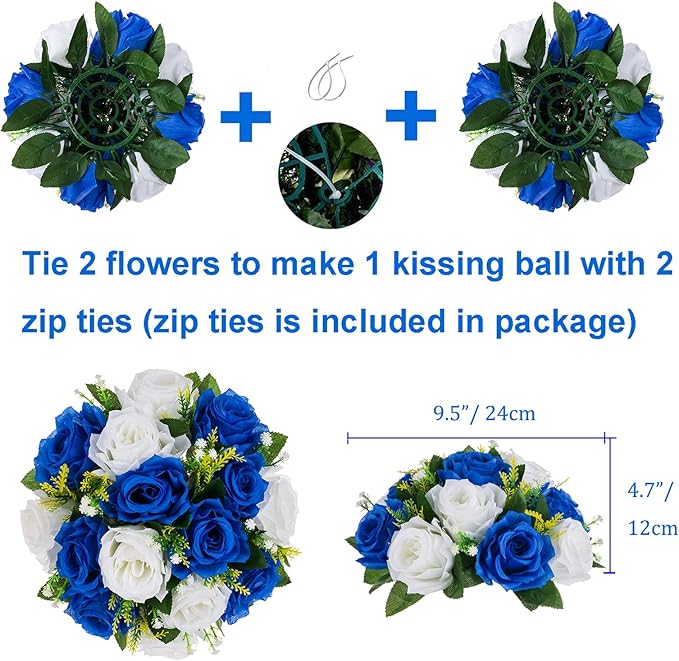 Flower Balls Wedding Rose Centerpieces: 10 Pcs Fake Flowers Royal Blue&White Kissing Balls Decor Artificial Floral Arrangements Flower Bouquet of Roses Home Party Table DIY Decorations