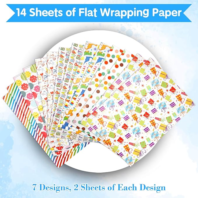 Tidponra Birthday Wrapping Paper Sheets Set, 14 Sheets Folded Flat Gift Wrapping Paper with Ribbon, Bows and Tape for Party, 19.7 in. X 27.5 in. Per Sheet