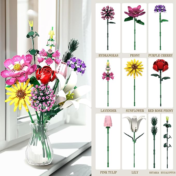 Flower Building Kit, 699 PCS Eternal Flower Bouquet with Peony, Rose, Sunflower, Lily & More, DIY Floral Arrangement Set for Home Decor, Gift for Christmas Day, Building Blocks for Adults & Kids
