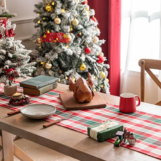 Red Gold Plaid Christmas Table Runner, Winter Holiday Table Runners 108 inches Long, Xmas Decorations Indoor Outdoor Farmhouse Home Kitchen Dining Party Decor