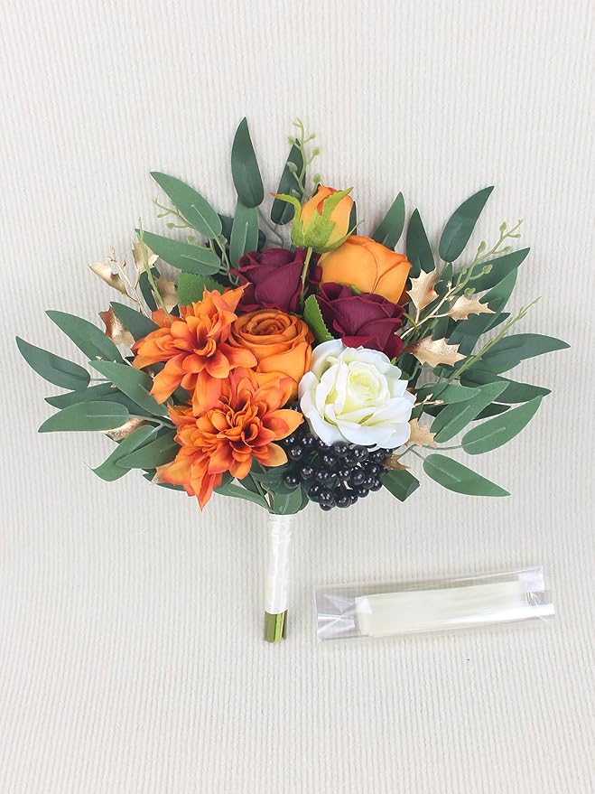 Rinlong Fall Wedding Bouquets for Bridesmaids Burnt Orange Bridesmaid Artificial Flowers Terracotta Bouquet Wedding Prom Homecoming