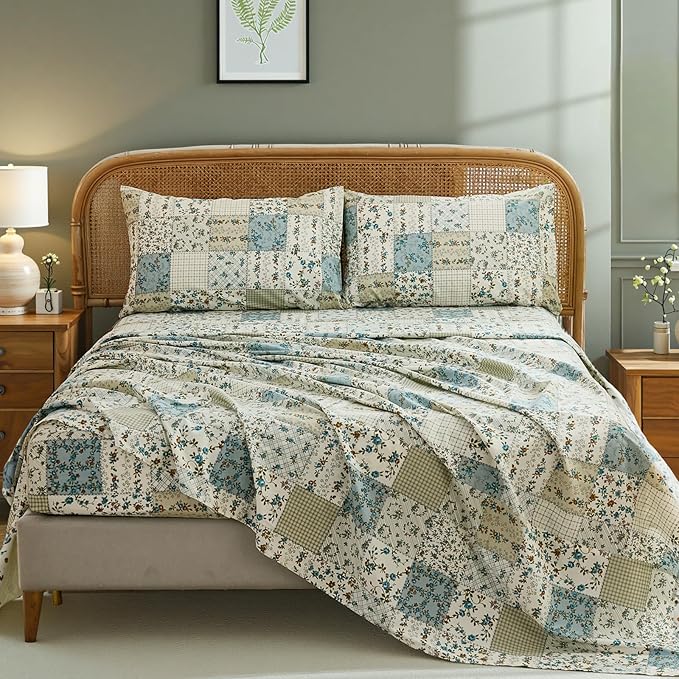 Shabby Chic Floral Patchwork Sheets Set King Size, Crisp Cooling Sheets with a Smooth Cotton Percale Lightweight Feel, 4 Pieces Luxury Soft Deep Pocket Fitted Sheet 17.5''
