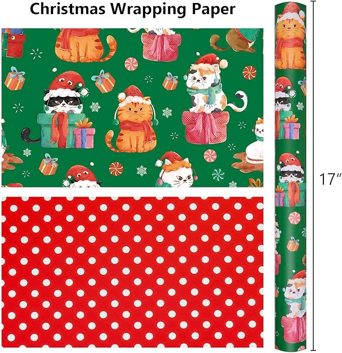 MAYPLUSS Christmas Wrapping Paper Roll - 17 Inch X 33 Feet - Green Cute Cat Christmas Hat Reversible Polka Dot Gift Wrapping Paper, Thick Wrap Paper for Holiday Party New Year Kids