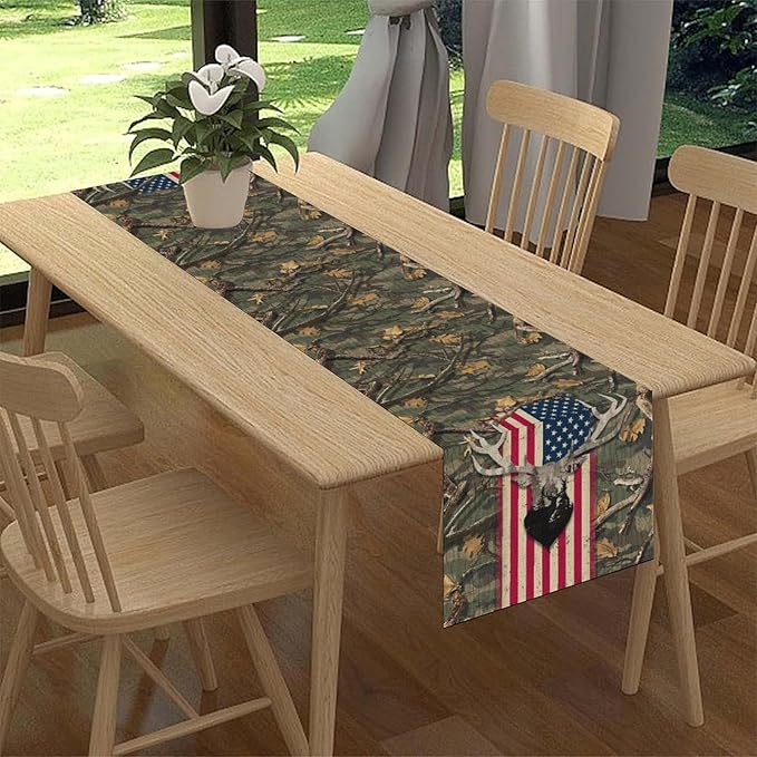 Rustic Forest Table Runner, Farmhouse Deer Retro Fall Leaves Wooden Branch Wild Seasonal Harvest Coffee Table Center Decor for Home Kitchen Dining Holiday Party Table Decorations 13x108 inches