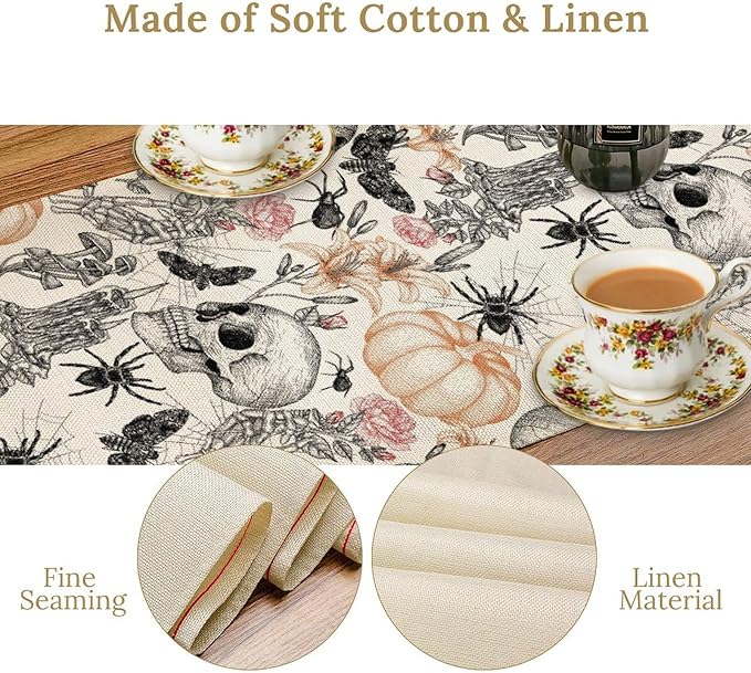 Gothic Table Runner,Black White Skull Moth Pumpkin Halloween Table Runner for Home Kitchen Table Dining Garden Farmhouse Wedding Party Decor 13x120 Inch