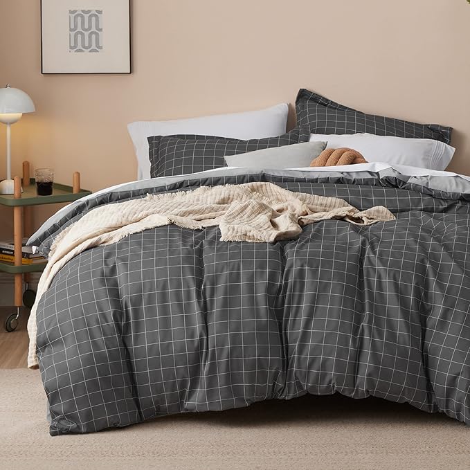 Bedsure Duvet Cover Twin Size - Reversible Plaid Duvet Cover Set with Zipper Closure, 2 Pieces Dark Grey Bedding Set with 8 Corner Ties and 1 Pillow Sham 20"x26"