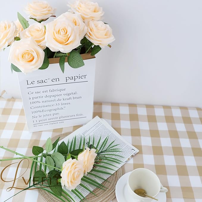 12pcs Artificial Rose Flower Champagne Flower with Long Stem Silk Roses Bouquet for Wedding Bridal Shower Party Home Decoration