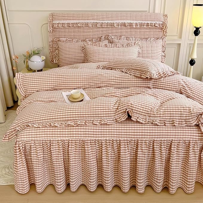LifeTB Pink Gingham Comforter Set Twin XL Vintage Ruffle Pink Plaid Comforter Set Soft Fluffy 3 Pieces Grid Checkered Pattern Comforter with 2 Pillowcases Farmhouse Gingham Bedding Set Twin XL