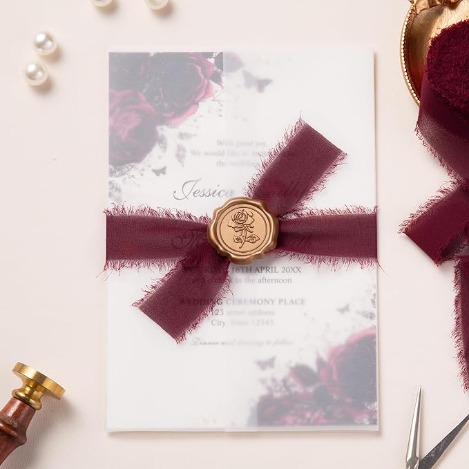 DORIS HOME Burgundy Chiffon Ribbon for Flower Bouquet, 1" x21Yd Fabric Ribbon for Gift Wrapping, Handmade Frayed Ribbon for Wedding Invitations/Christmas Decorations
