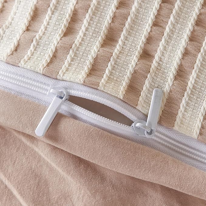 Striped Duvet Cover Queen Beige Washed Microfiber Jacquard 3 Pieces Bedding Set, White Beige Vertical Ticking Stripes Pattern Comforter Cover with Zipper Closure Breathable Durable Soft Comfy
