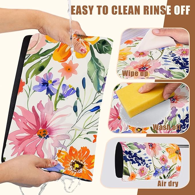 Dish Drying Mat Colorful Wildflowers Coffee Bar Mat for Countertop Absorbent Rubber Backed Hide Stain Dish Drainer Rack Pad Espresso Machine Cafe Table Dining Room Decoration 11.8 x 19.7 Inch