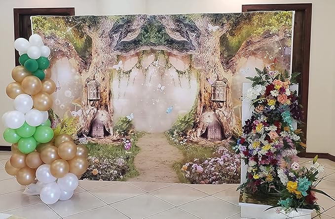 Leowefowa 10x6.5ft Enchanted Forest Birthday Backdrop Fairy Tale Forest Enchanted Garden Photography Background for Kids Birthday Baby Shower Party Photoshoot Newborn Children Cake Smash Studio Props