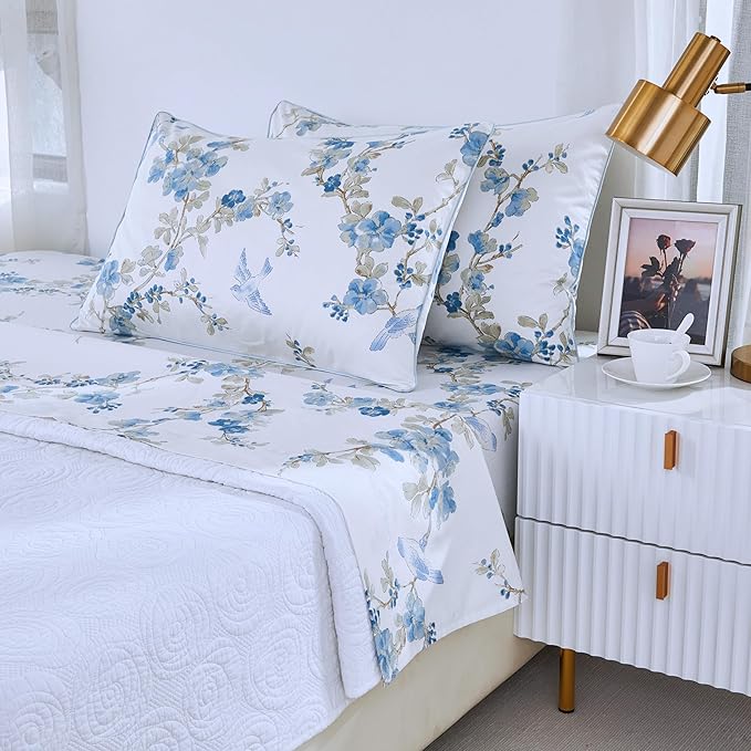 Brandream King Size Sheet Set Luxury Floral Blossom Birds Bedding Collections 800 Thread Count 100% Egyptian Cotton Deep Pocket, 4 Piece White Botanical Branches Blue Flower
