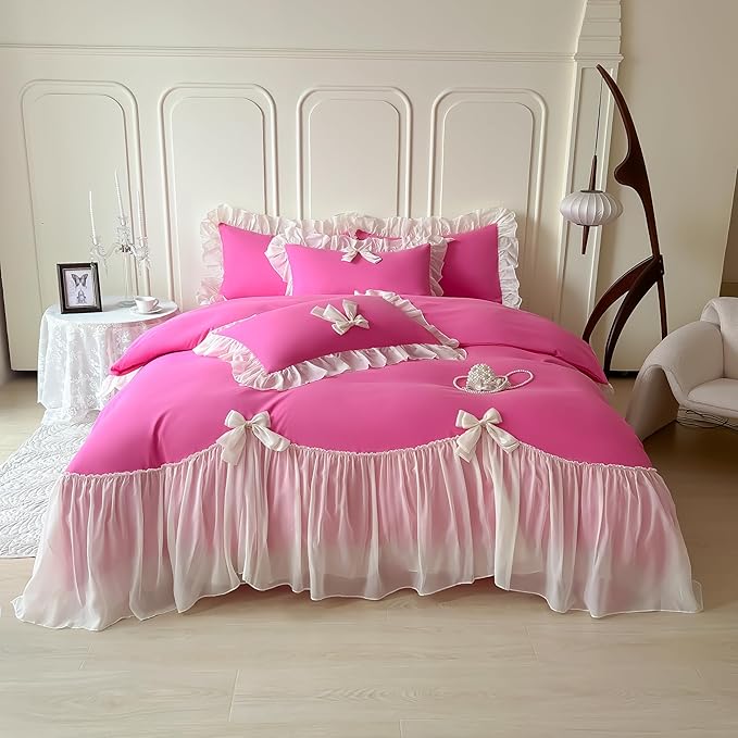 Girls Lace Bedding,Queen Comforter Cover Set, Chic Ruffled Duvet Cover with Lovely Bow,Princess Style 1 Duvet Cover with 1 Pillowcases, No Comforter-Hot Pink,Twin Size