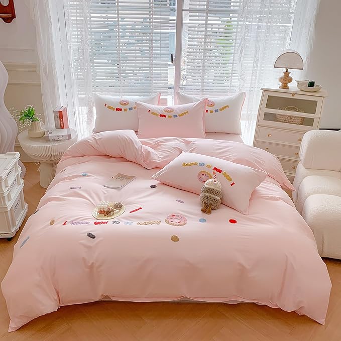 MorroMorn Cotton Duvet Cover Queen Size, 3D Embroidery Queen Bedding Sets, Cute Chenille Embroidered Comforter Covers Soft Breathable Sweat-Absorbent for Girls Kids Teen (Donut Pink, Full/Queen)