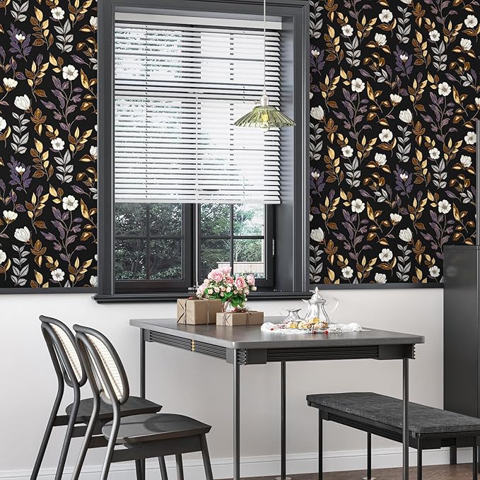 Dark Floral Wallpaper Peel and Stick Vintage Gold Leaf Contact Paper Black Floral Wallpaper Waterproof Self-Adhesive Wall Covering for Bedroom Countertop Desk Cabinets 17.4" x 118"