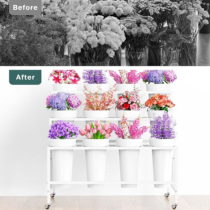 Asee'm Flower Display Stand with 12 Buckets, 3-Tier Flower Stand with Wheels, Heavy Duty Moving Metal Plant Bar Cart Stands Florist Bouquet Shelf for Indoor Outdoor Patio Garden(White - Round Bucket)