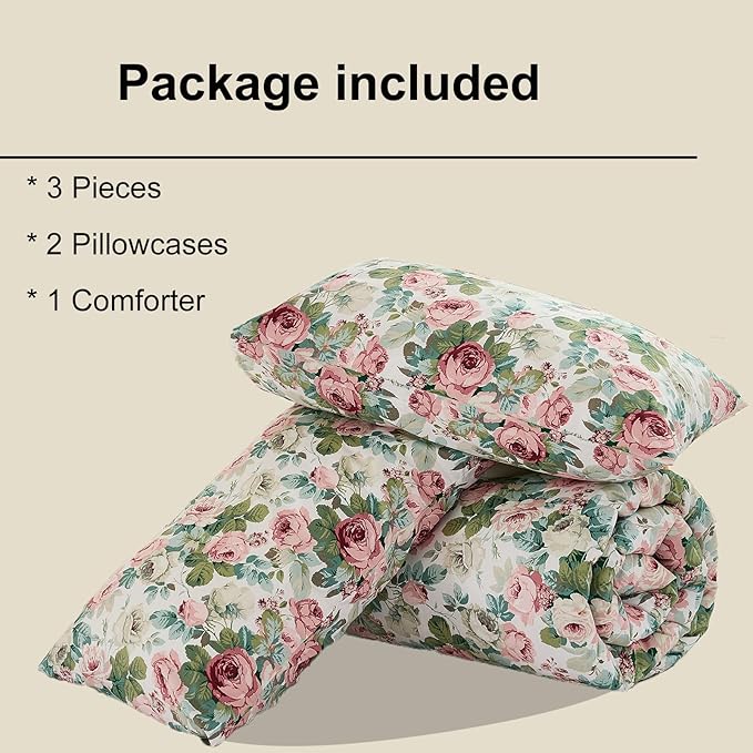 Rose Red Floral Queen Bedding Romantic Girls Comforter Set Soft Botanical Vintage & Country Home Decor for All Season