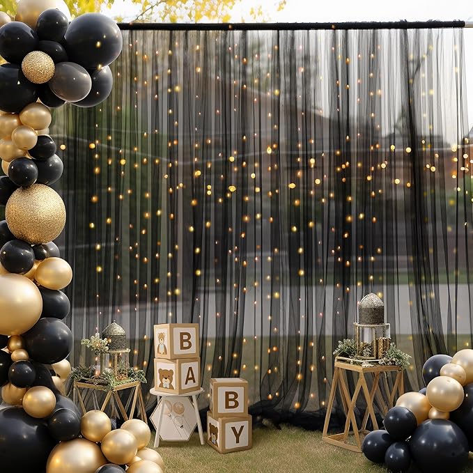 20x8ft Black Tulle Backdrop Curtain with Lights String for Parites, Sheer Backdrop Curtains for Wedding Baby Shower Birthday Party Photo Shoot Decorations