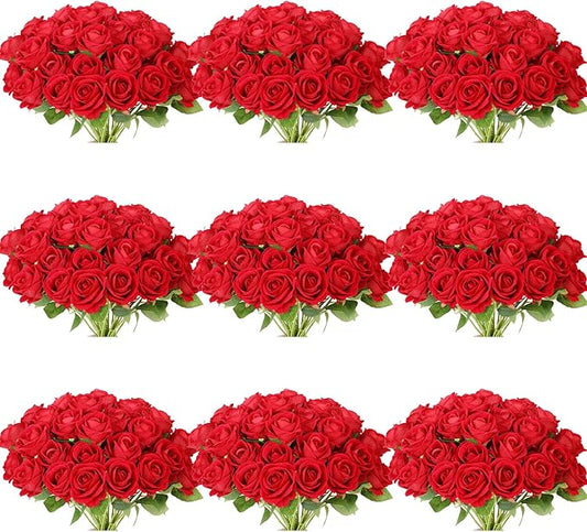 102 PCS Red Roses Artificial Flowers, Fake Red Rose Bouquet, Artificial Silk Red Roses with Stems for Wedding Flowers Decoration, Valentines Day Mothers Day, Bridal Bouquet Roses
