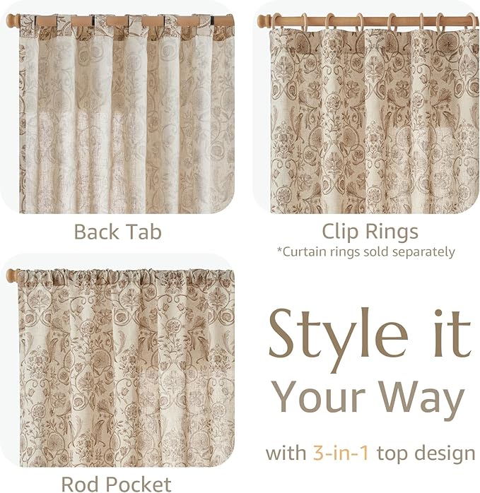 jinchan Linen Floral Curtains for Living Room with Printed Flower 84 Inches Long Light Filtering Farmhouse Window Treatment Vintage Drapes Back Tab Rod Pocket 2 Panels Taupe on Beige