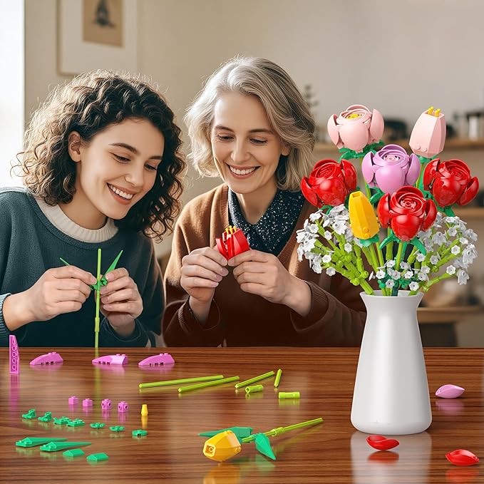 Flower Bouquet Building Set, 680PCS Tulip & Rose Block Kit for Adults & Kids Ages 6+, DIY Floras for Home Office Decor, Birthday, Valentine's Day & Mother's Day