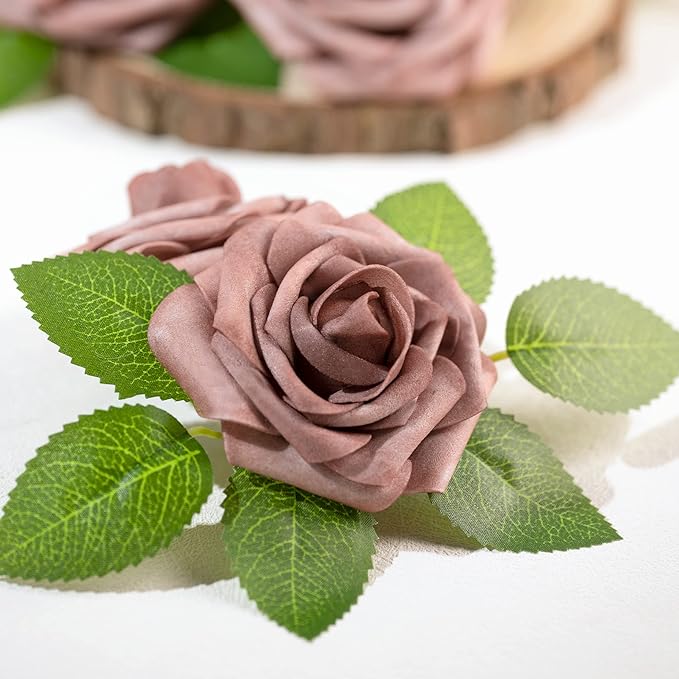 Mocoosy 50Pcs Artificial Rose Flowers, Dusty Roses for Decorations, Real Touch Fake Foam Rose Bulk with Stems DIY Wedding Bouquets Bridal Shower Centerpiece Floral Arrangements Party Home Table Decor