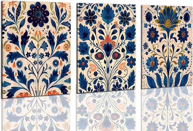 3 Pcs Blue Boho Flower Canvas Wall Art, Floral Painting Poster Wall Decor,Wildflower Botanical Picture for Wall Living Room Bathroom Bedroom Home Decoration 12*16 in (Stretched Canvas on A Wooden Frame)