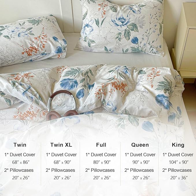 EAVD Cotton Duvet Cover King Size Floral Print Duvet Cover Soft Chic Shabby Garden Colorful Floral Bedding Set with 2 Pillowcases Fresh Spring Botanical Comforter Cover with Zipper Closure