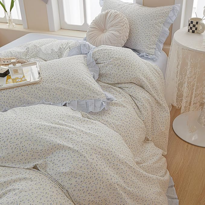 Garden Style Lace Duvet Cover Cute Blue Flower Print Ruffle Duvet Cover Twin Cotton Blue Striped Girls Floral Comforter Cover Lace Princess Bedding Set Vintage Floral Bedding Duvet Cover with Zipper