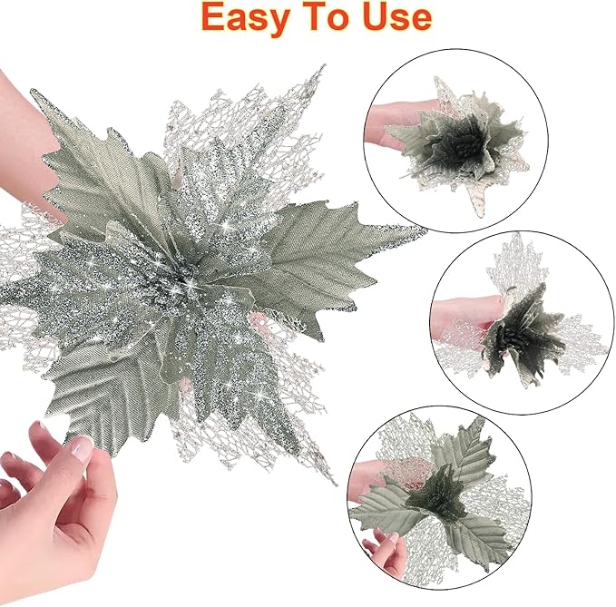 10'' Large Christmas Glitter Poinsettia Flowers Decorations, stadeco 10 Pcs Christmas Tree Picks Ornaments Artificial Flowers with Long Stems for Xmas Tree Wreath Garland Wedding Party DIY Decor