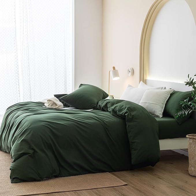 JIYUAN 100% Washed Cotton Duvet Cover Set 3 Pieces Oversized Queen, 1 Duvet Cover 98x98 Inches(Comforter Not Included) and 2 Pillowcases,Linen Feel Bedding Set Comfy and Breathable,Forest Green