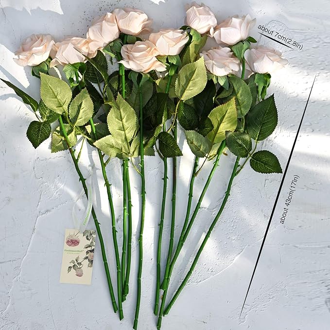 FiveSeasonStuff Fake Roses Wedding Flowers Real Touch Silk Cream Pink Artificial Flowers 12 Stems