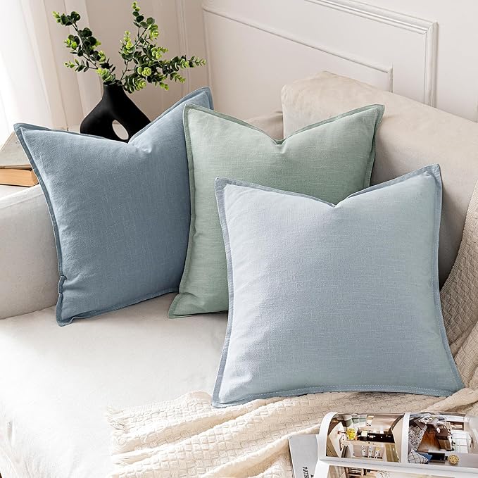 MIULEE Decorative Linen Pillow Covers 18x18 Inch Aqua Green Boho Farmhouse Neutral Couch Throw Pillows for Bed Pack of 2 Accent Modern Pillowcase Summer Sofa Livingroom Home Decor