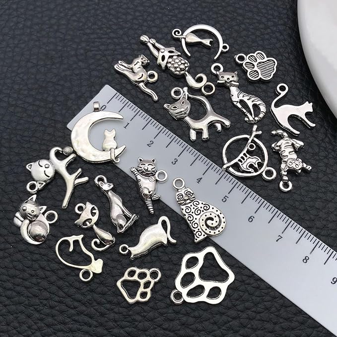 WOCRAFT 60pcs Antique Silver Cat Bracelet Charms for Jewelry Making Sets DIY Necklace Bracelet Keychain Crafting Charms Kit Craft Supplies (SN839)