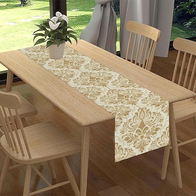 Golden Damask Table Runner, Luxury Antique White Gold Bohemian Exotic Flower Cafe Table Center Decor for Home Kitchen Dining Patio Holiday Party Indoor Outdoor Table Decorations 13x72 inch
