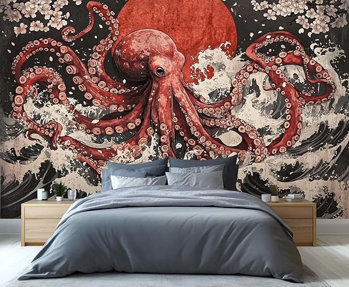 Japanese Wave Octopus Wall Mural, Japanese Traditional 3D Wall Murals, Ocean and Octopus Wallpaper Mural, for Living Room Bedroom Large Wallpaper Indoor Decor 118" W x 82.6 "H